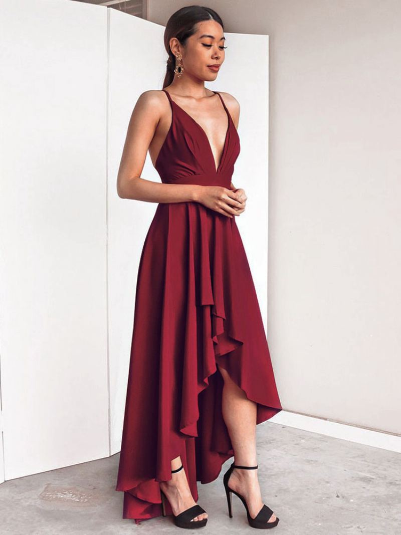 Dames Verjaardagsjurk Mouwloos Decolleté Backless Hoog Laag Bordeaux Lange Prom-jurk - Bordeauxrood