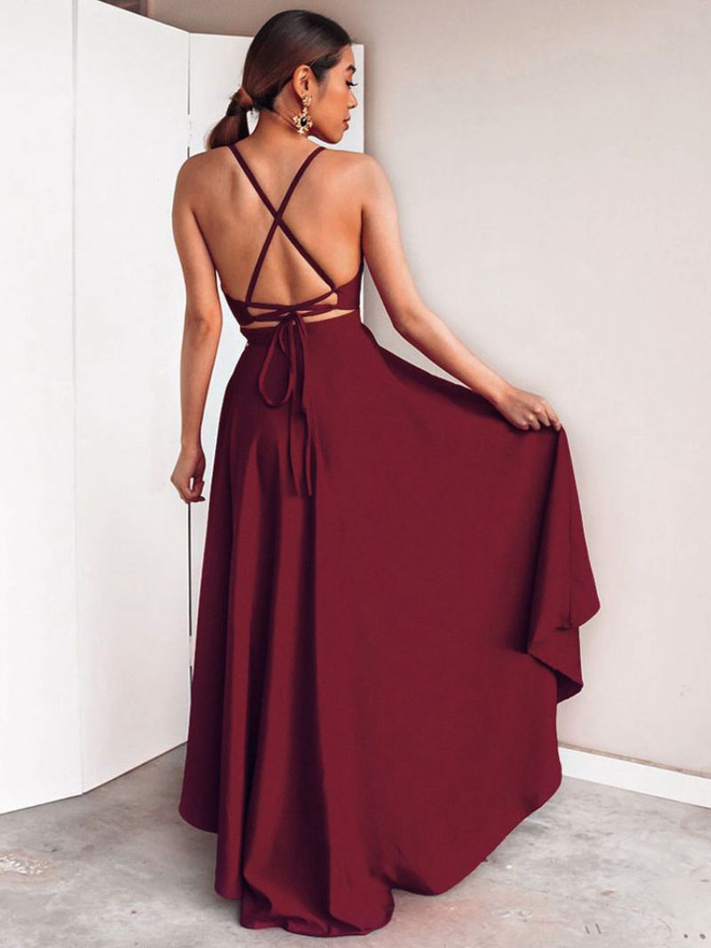 Dames Verjaardagsjurk Mouwloos Decolleté Backless Hoog Laag Bordeaux Lange Prom-jurk - Bordeauxrood