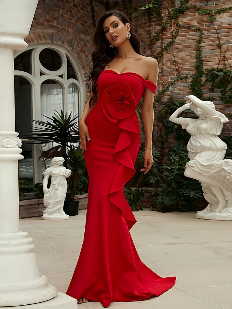 Damesbloesem Maxi-jurk Off-shoulder Galajurken Met Rugloze Ruches - Rood