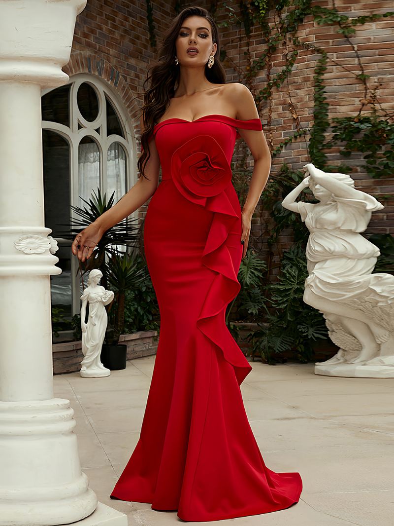 Damesbloesem Maxi-jurk Off-shoulder Galajurken Met Rugloze Ruches - Rood