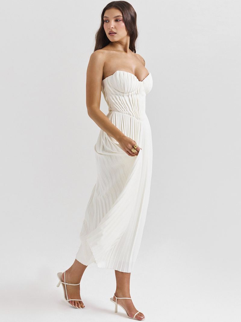 Damesfeestjurken Witte Strapless Geplooide Mouwloze Semi-formele Jurk - Wit