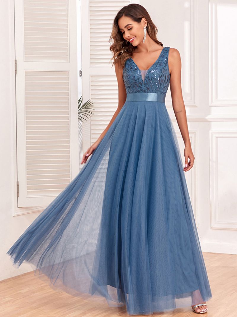 Damesjurk Met Pailletten Mouwloos Imperium Taille A-lijn Elegante Gala-maxi-jurken - Blauw