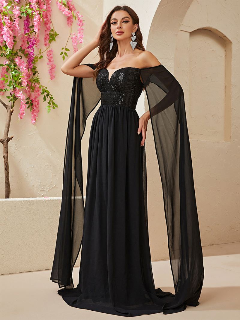 Damesjurk Met Pailletten Off-shoulder Rijk Taille Maxi-galajurken Zwart - Zwart