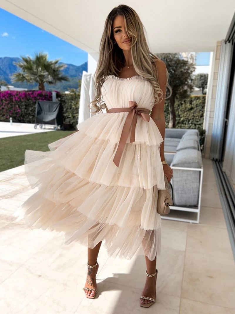 Damesjurk Met Ruches Tule Off-shoulder Gelaagde Feestjurken Riem Maxi-jurk - Lichtgeel