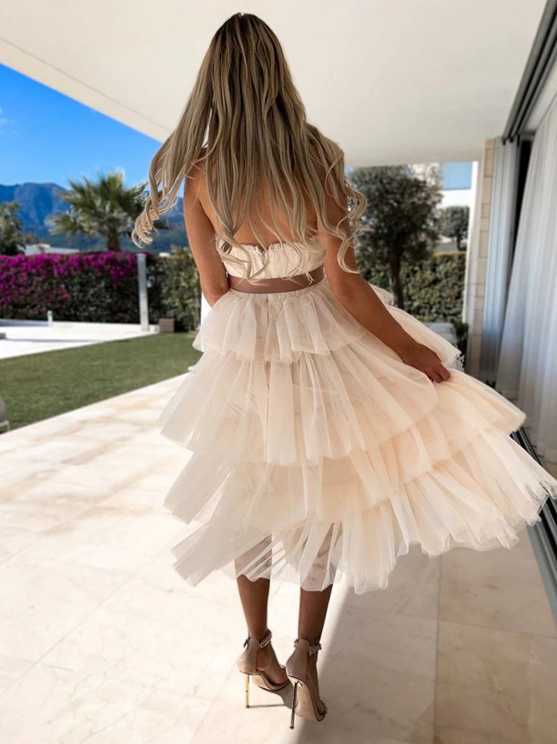 Damesjurk Met Ruches Tule Off-shoulder Gelaagde Feestjurken Riem Maxi-jurk - Lichtgeel