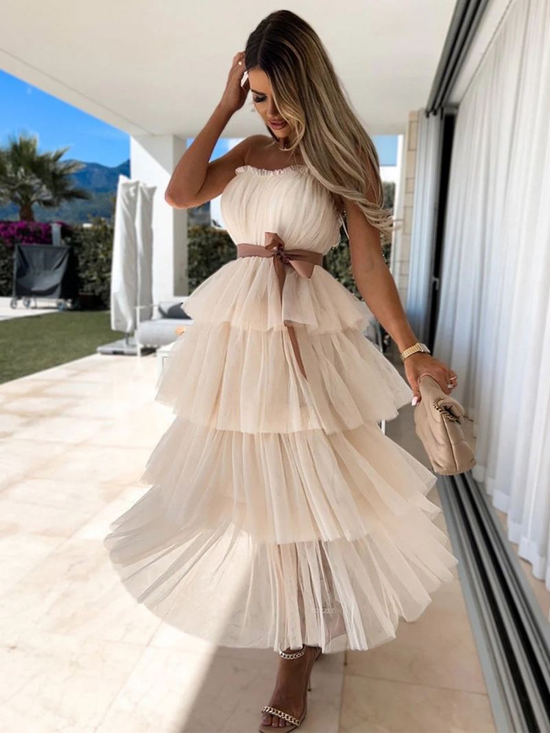 Damesjurk Met Ruches Tule Off-shoulder Gelaagde Feestjurken Riem Maxi-jurk - Lichtgeel