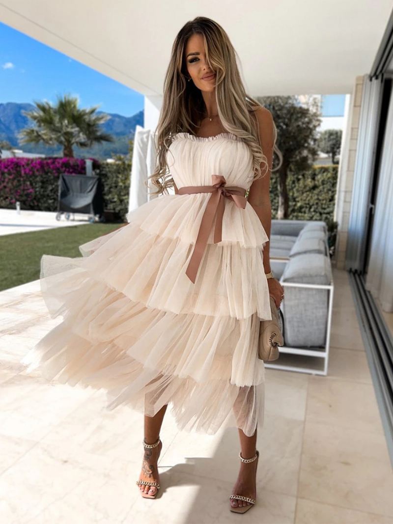 Damesjurk Met Ruches Tule Off-shoulder Gelaagde Feestjurken Riem Maxi-jurk - Lichtgeel