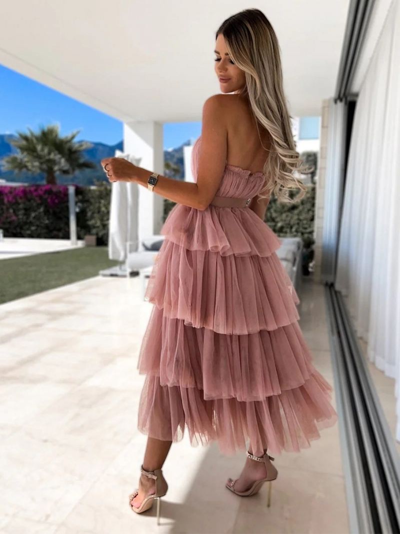 Damesjurk Met Ruches Tule Off-shoulder Gelaagde Feestjurken Riem Maxi-jurk - Roze