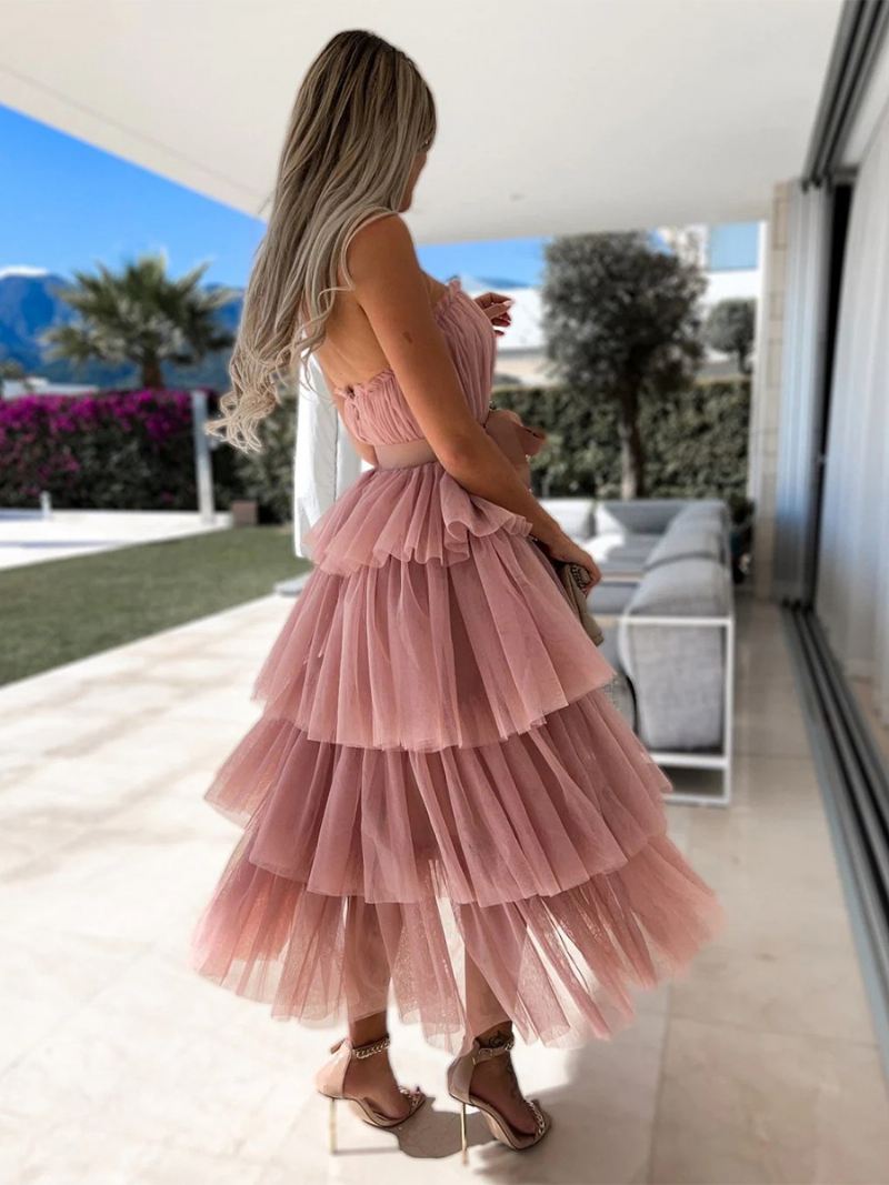 Damesjurk Met Ruches Tule Off-shoulder Gelaagde Feestjurken Riem Maxi-jurk - Roze