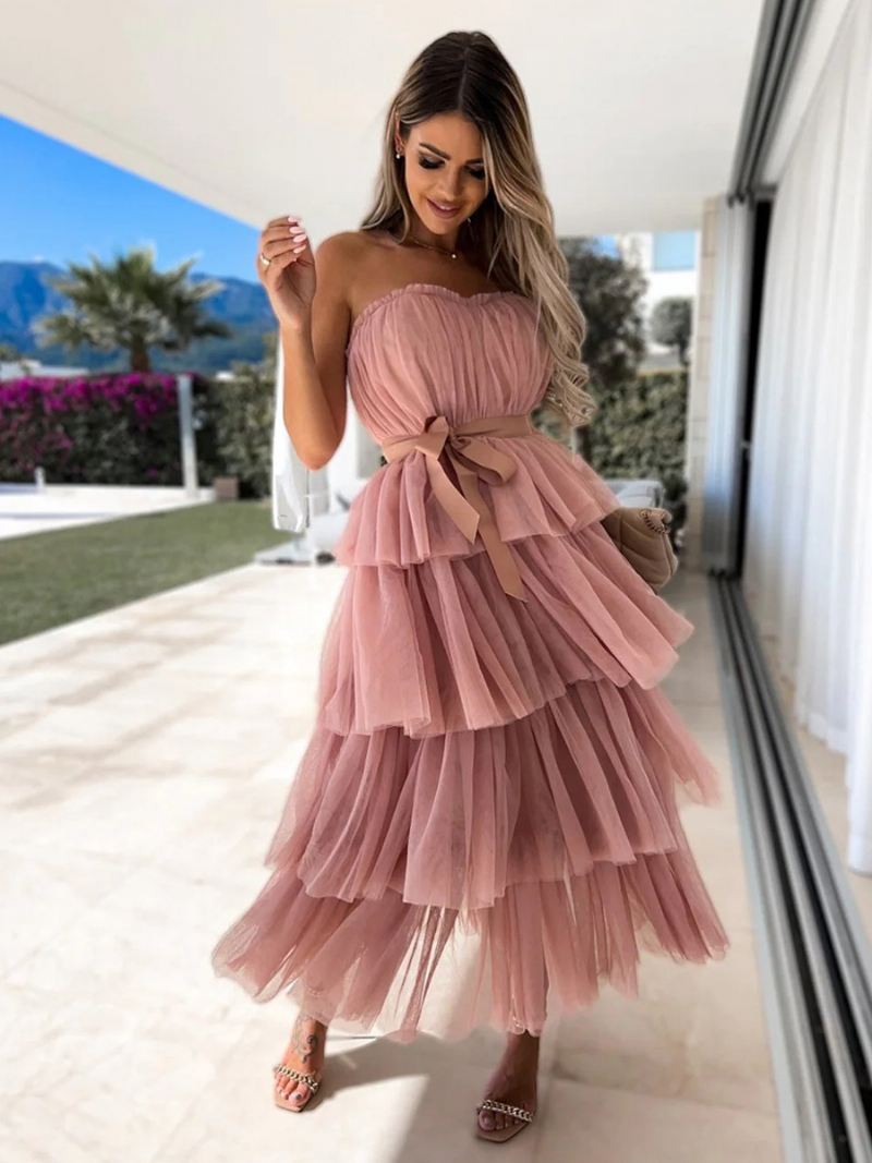 Damesjurk Met Ruches Tule Off-shoulder Gelaagde Feestjurken Riem Maxi-jurk - Roze