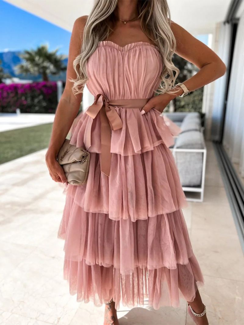 Damesjurk Met Ruches Tule Off-shoulder Gelaagde Feestjurken Riem Maxi-jurk - Roze