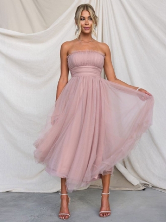 Damesjurken Tule Strapless Geplooid Off-the-shoulder Gelaagde Midi-galajurk