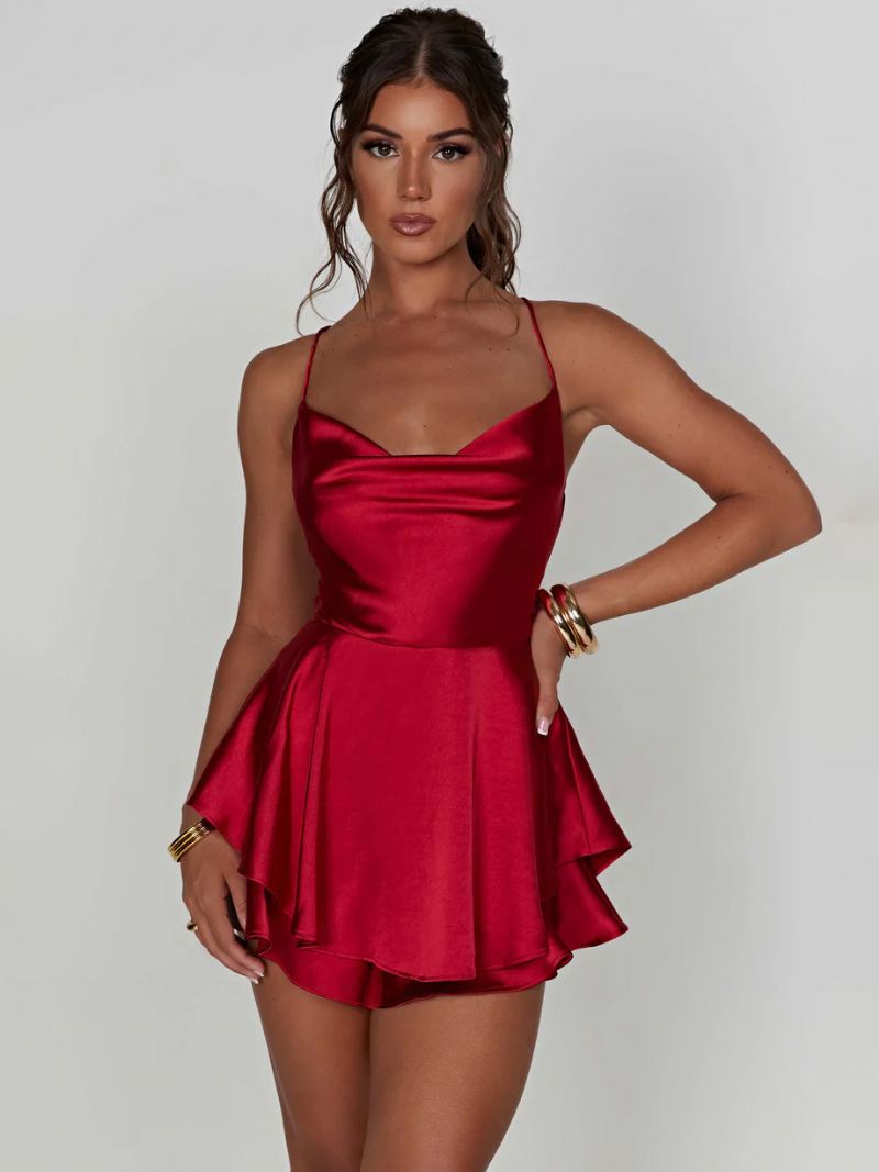 Damesslipdress Met Vierkante Hals Gelaagde Rugloze Veters Sexy Feestmini-jurken - Rood