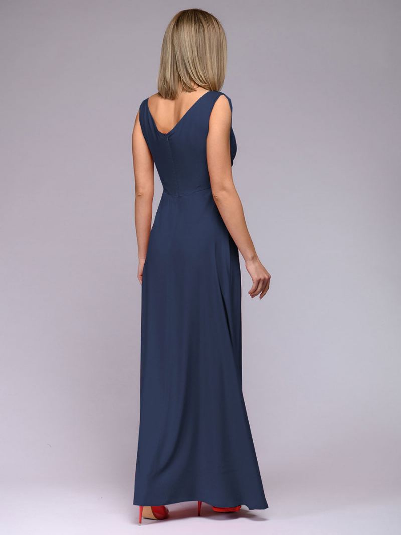 Donkerblauwe Feestjurk Dames Mouwloos Imperiumtaille Hoge Split Maxi-galajurken - Donker Marineblauw