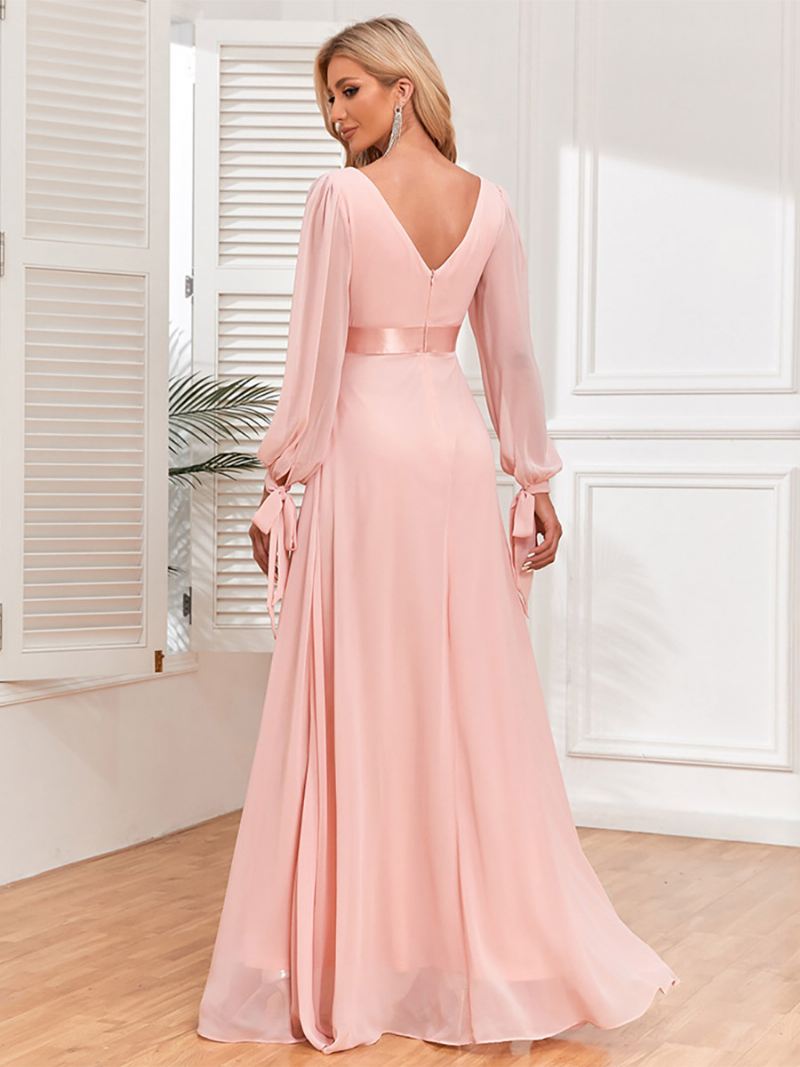 Elegante Damesjurk Met Lantaarnmouwen V-hals Rugloze Geplooide Maxi-galajurken - Roze