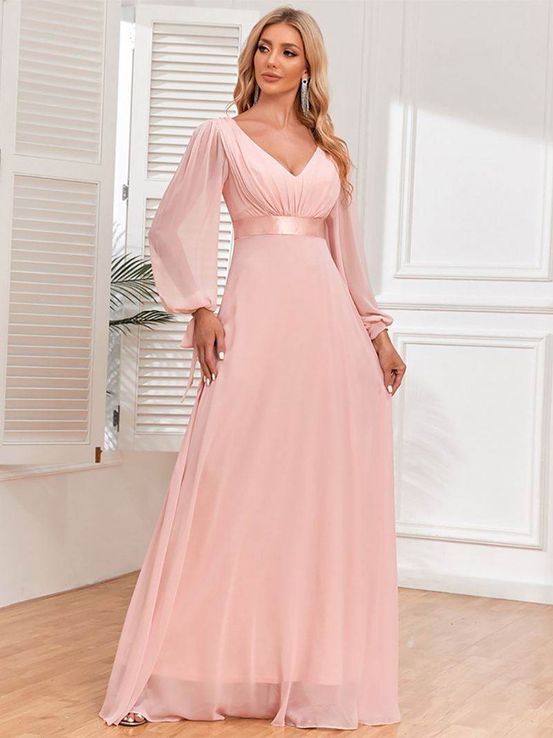 Elegante Damesjurk Met Lantaarnmouwen V-hals Rugloze Geplooide Maxi-galajurken - Roze