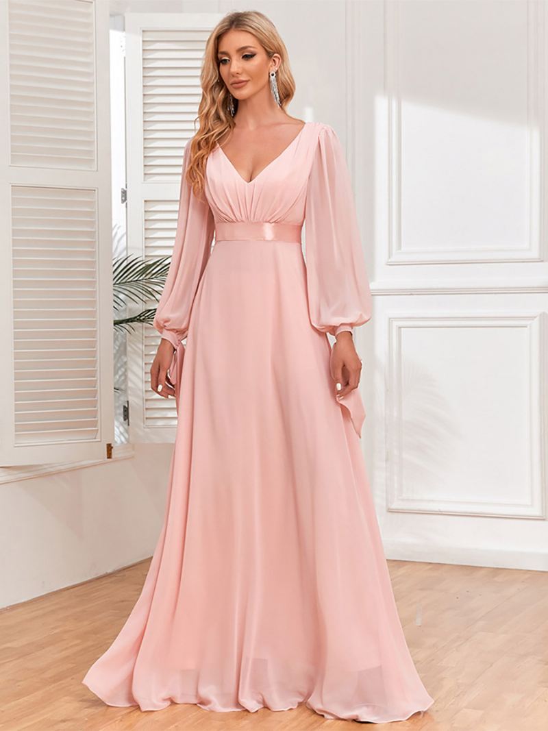 Elegante Damesjurk Met Lantaarnmouwen V-hals Rugloze Geplooide Maxi-galajurken - Roze