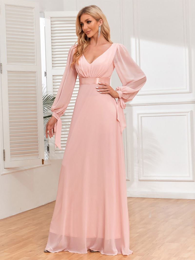 Elegante Damesjurk Met Lantaarnmouwen V-hals Rugloze Geplooide Maxi-galajurken - Roze