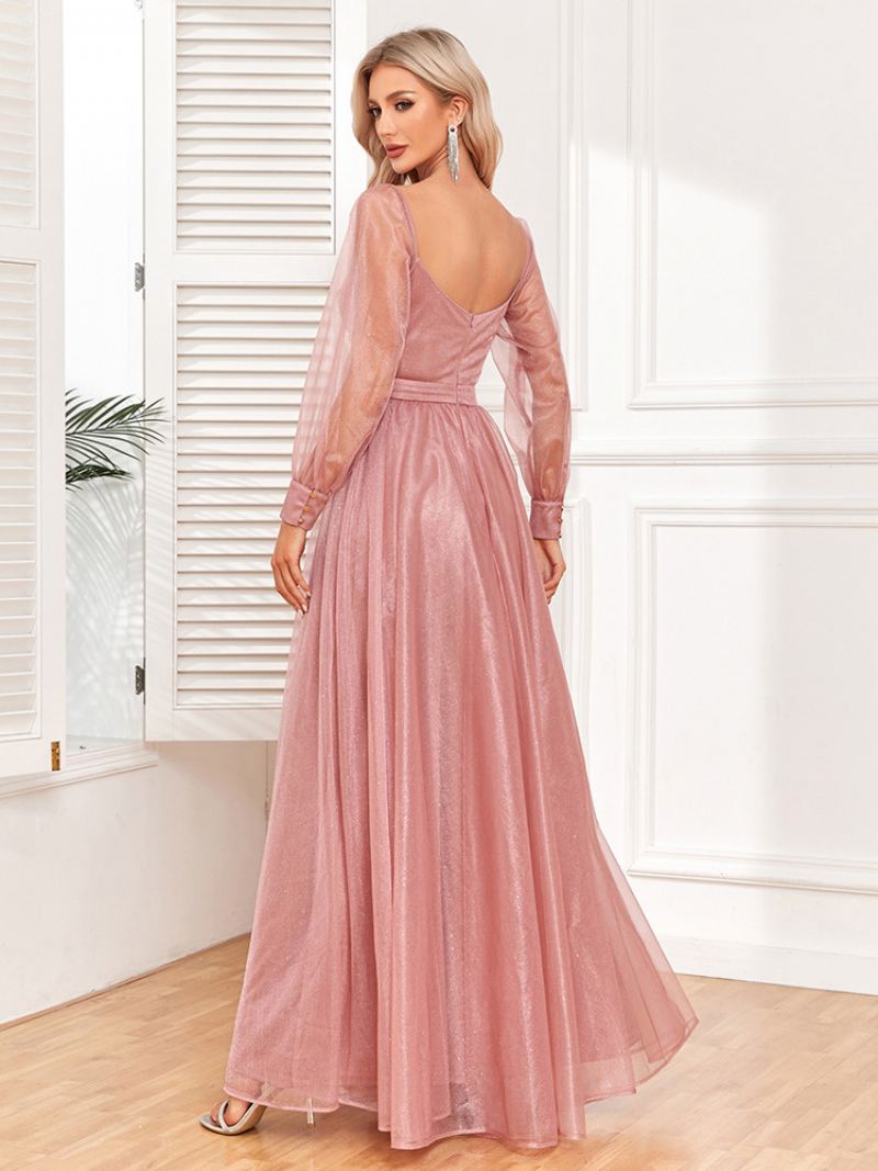 Elegante Galajurk Dames Halslijn Illusiemouwen Roze Maxi-jurken - Roze