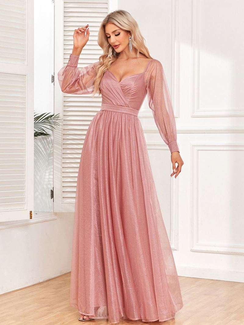 Elegante Galajurk Dames Halslijn Illusiemouwen Roze Maxi-jurken - Roze