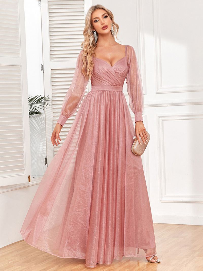 Elegante Galajurk Dames Halslijn Illusiemouwen Roze Maxi-jurken - Roze