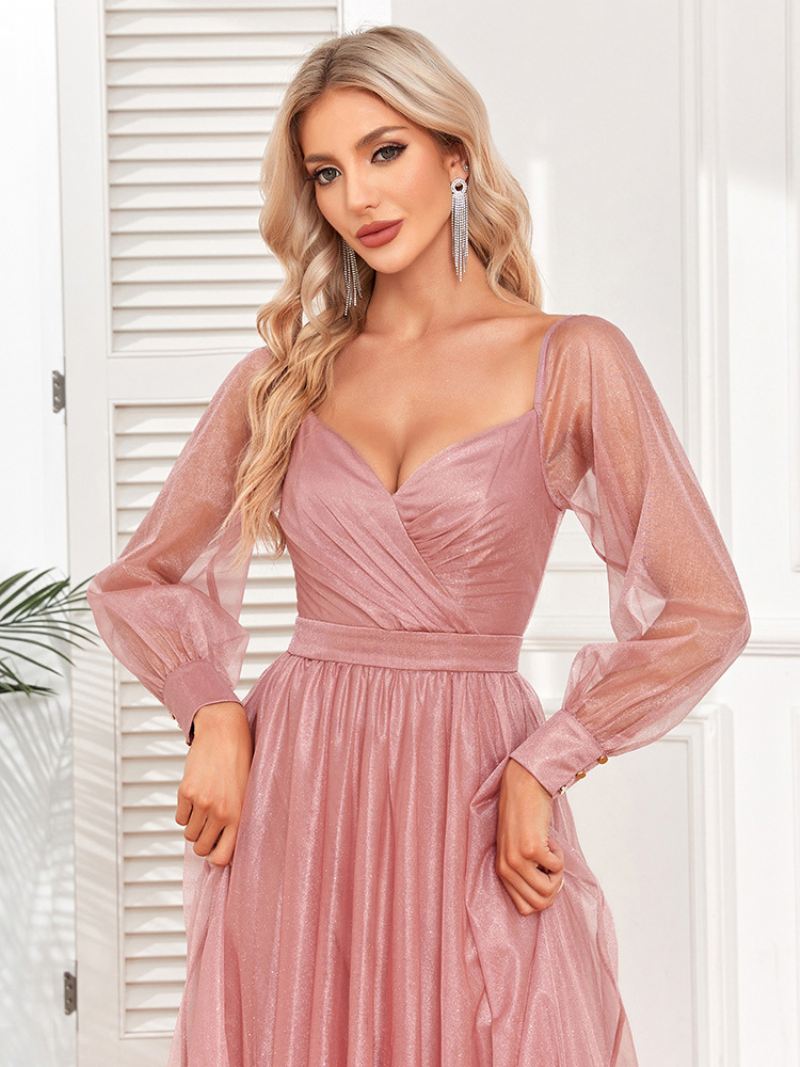 Elegante Galajurk Dames Halslijn Illusiemouwen Roze Maxi-jurken - Roze