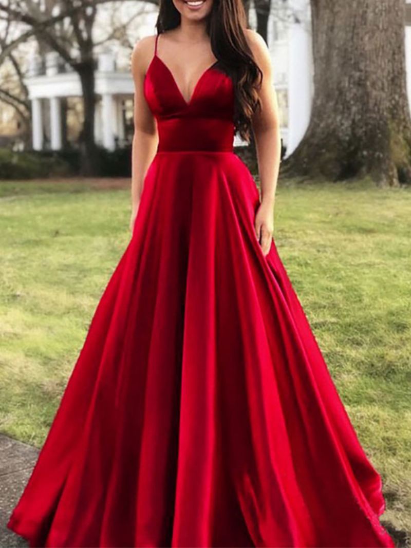 Elegante Maxi-jurk Dames Spaghettibandjes V-hals Imperium Taille Galajurken - Rood