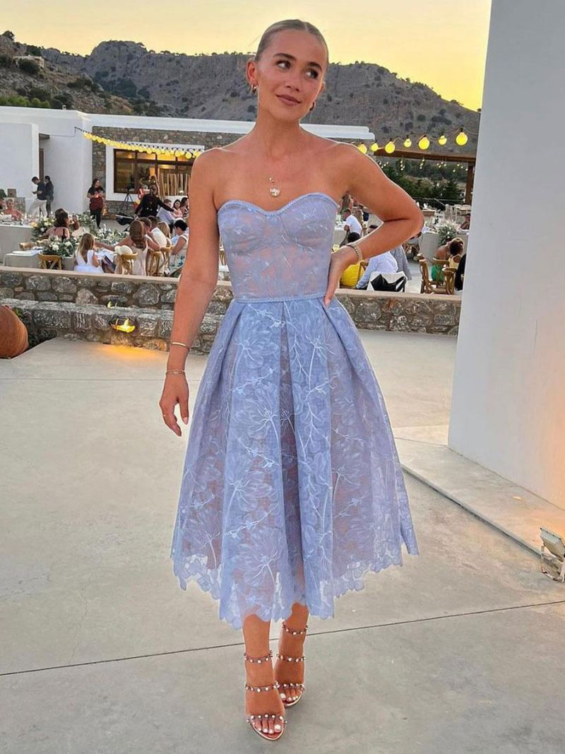 Lavendel Feestjurken Dames Strapless Kanten Mouwloze Midi-jurk Met Open Schouder - Blauw