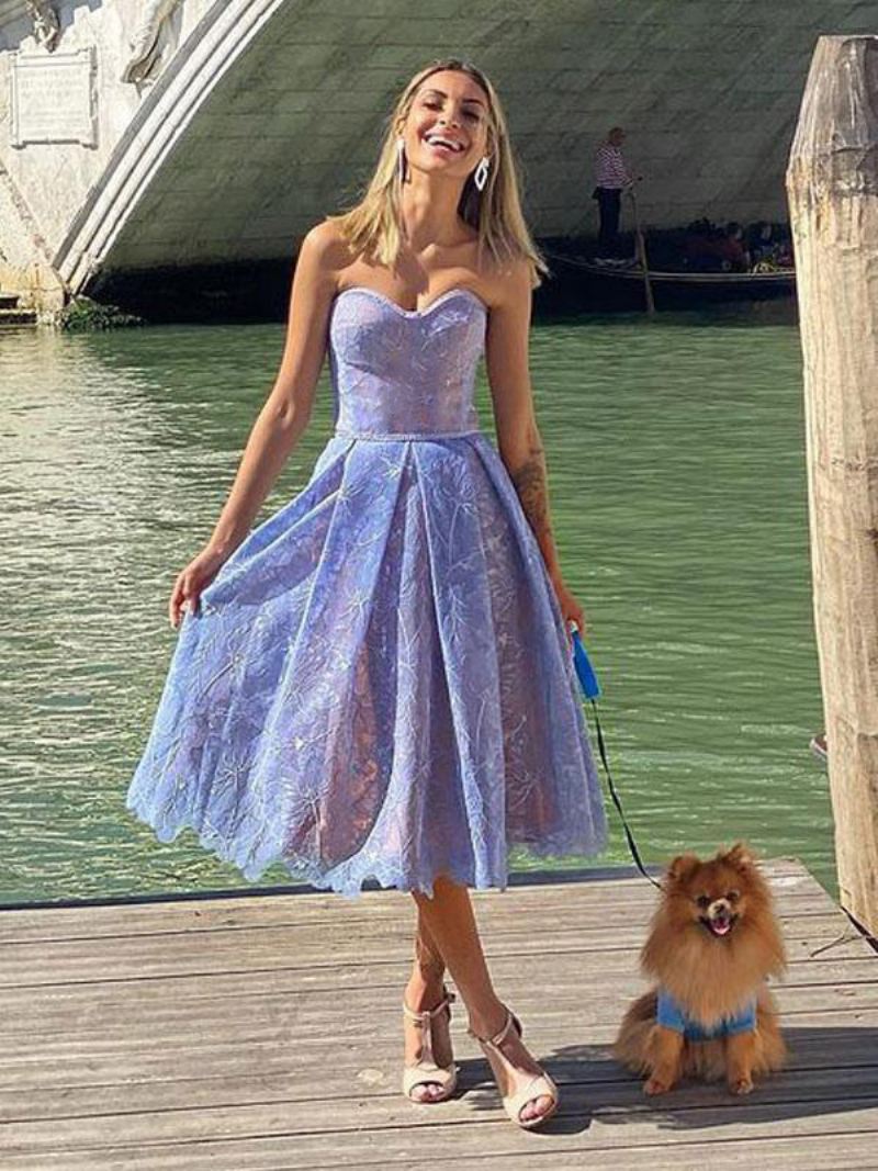 Lavendel Feestjurken Dames Strapless Kanten Mouwloze Midi-jurk Met Open Schouder - Blauw