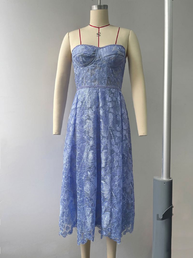 Lavendel Feestjurken Dames Strapless Kanten Mouwloze Midi-jurk Met Open Schouder - Blauw