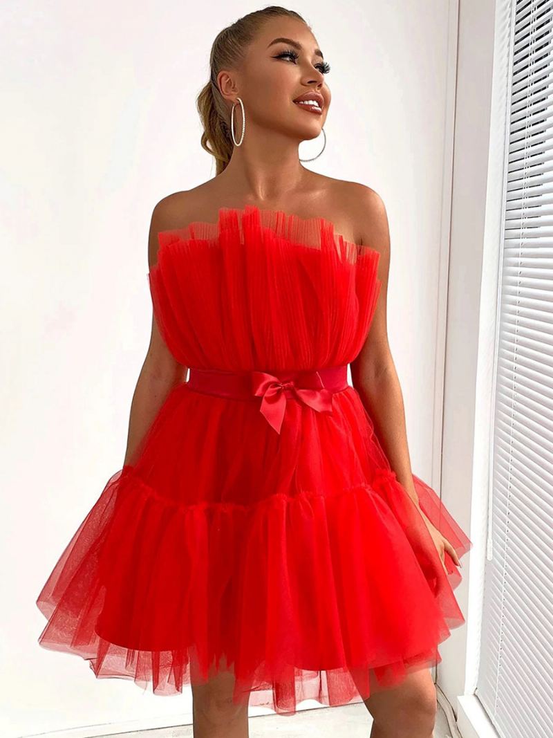 Mini-jurken Tule Dames Strapless Geplooide Mouwloze Rugloze Strikken Gelaagde Jurk - Rood