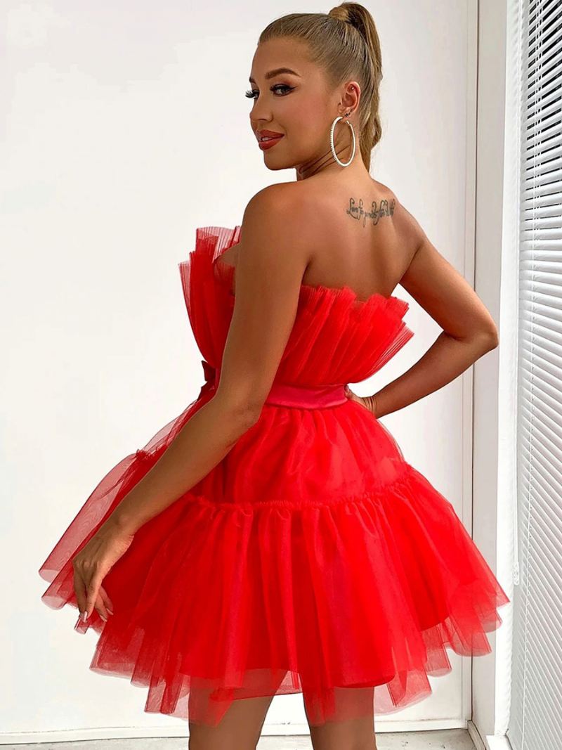 Mini-jurken Tule Dames Strapless Geplooide Mouwloze Rugloze Strikken Gelaagde Jurk - Rood