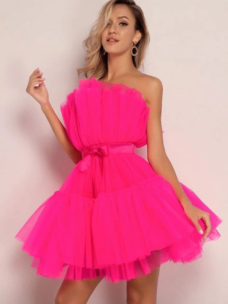 Mini-jurken Tule Dames Strapless Geplooide Mouwloze Rugloze Strikken Gelaagde Jurk - Roze