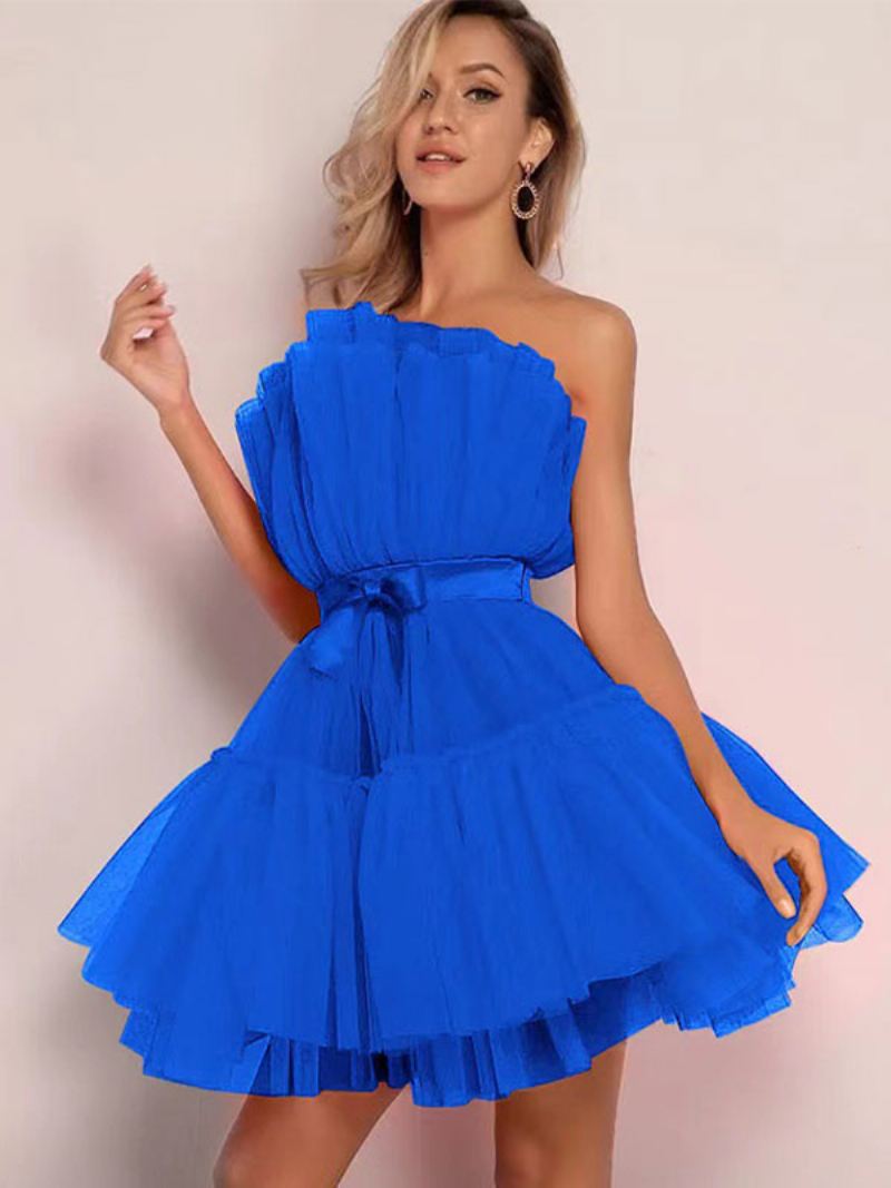 Mini-jurken Tule Dames Strapless Geplooide Mouwloze Rugloze Strikken Gelaagde Jurk - Blauw