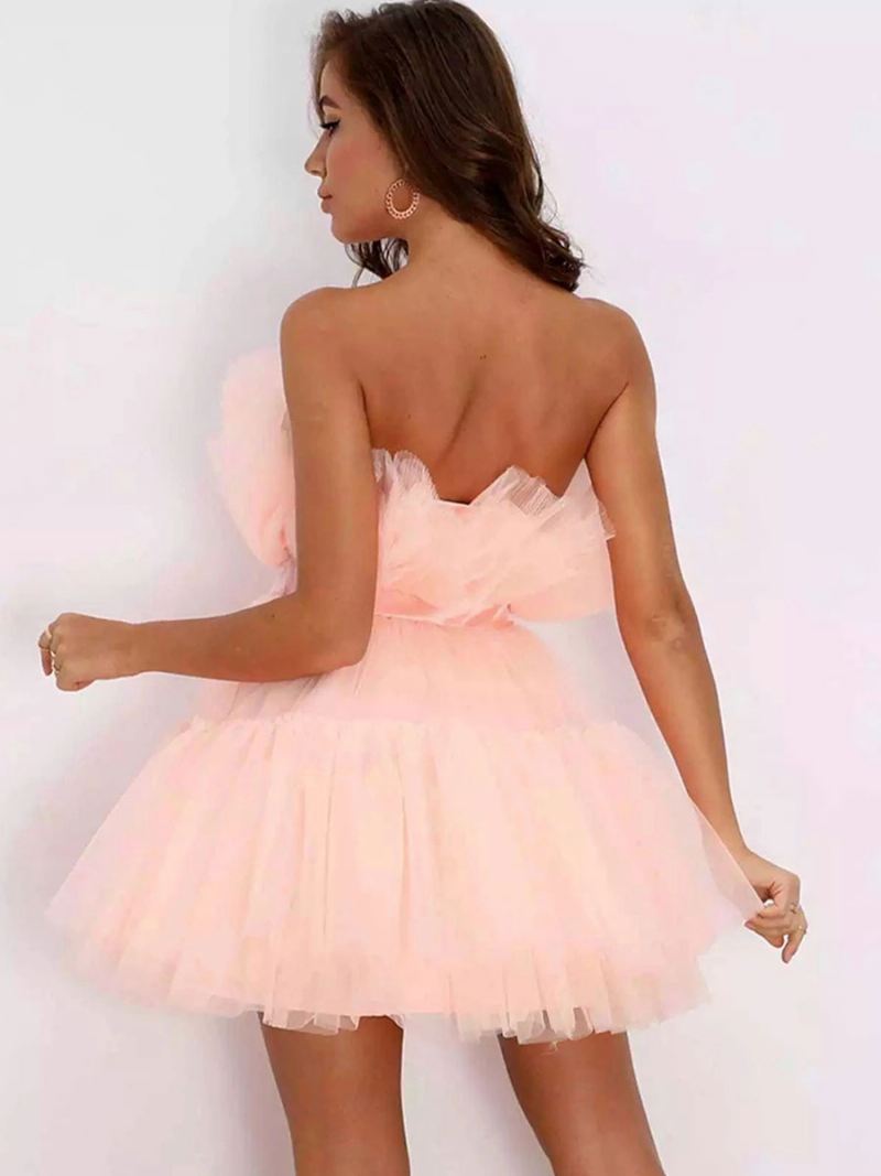 Mini-jurken Tule Dames Strapless Geplooide Mouwloze Rugloze Strikken Gelaagde Jurk - Roze