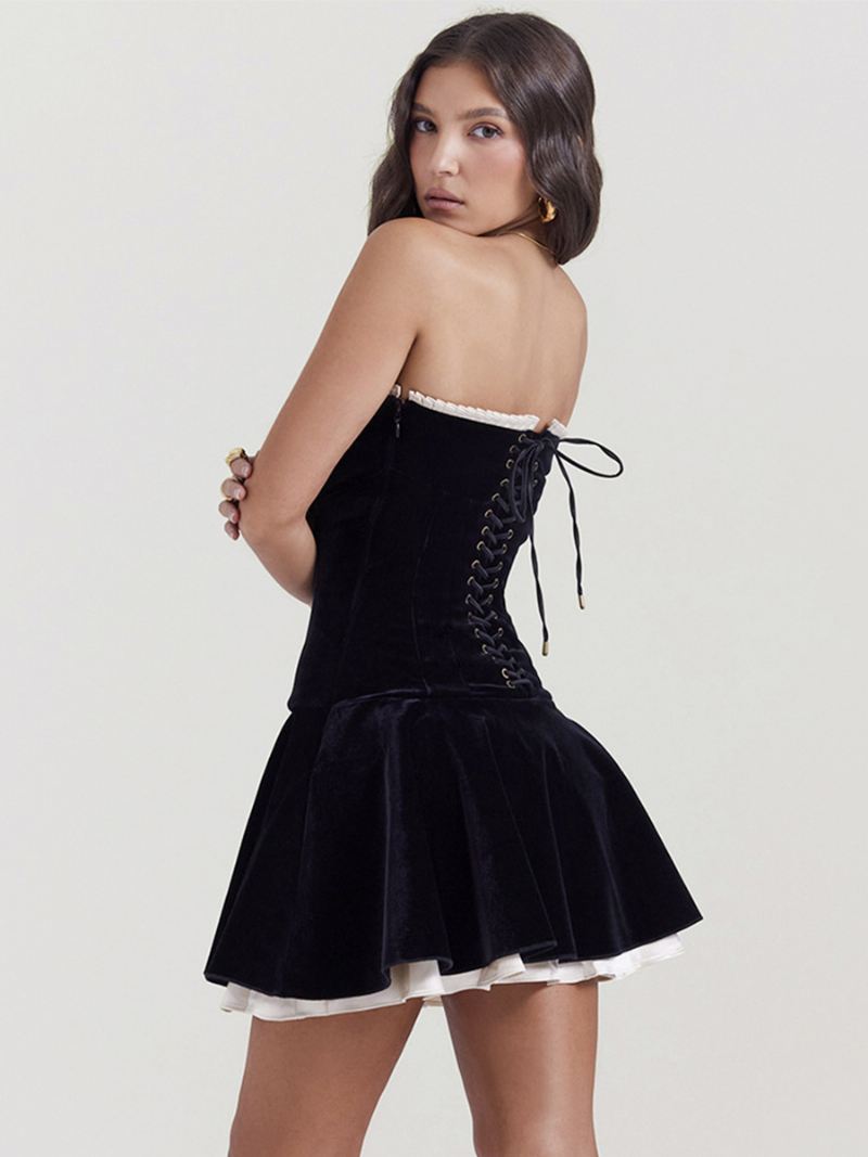 Mini-peplum-jurk Dames Off-shoulder Contrasterende Korte Jurken Met Veters Achterkant - Zwart