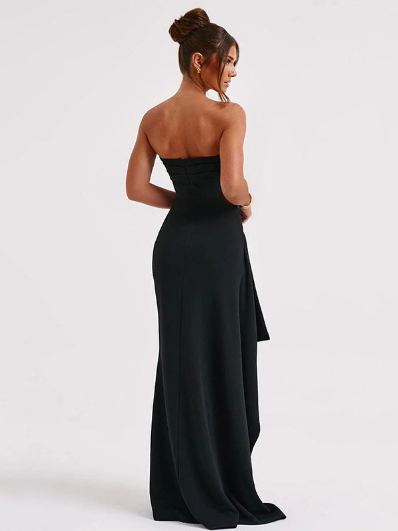 Off-the-shoulder Maxi-jurk Dames Ruches Geplooide Hoog Uitgesneden Galajurken - Zwart