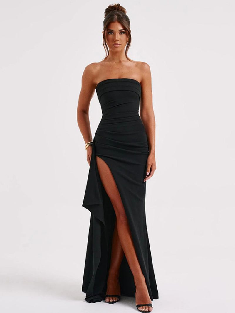 Off-the-shoulder Maxi-jurk Dames Ruches Geplooide Hoog Uitgesneden Galajurken - Zwart