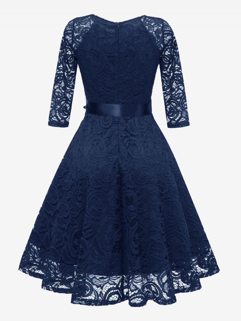 Dames Kanten Vintage Jurk Met V-hals Strikken Effen Kleur Feest Korte - Donker Marineblauw