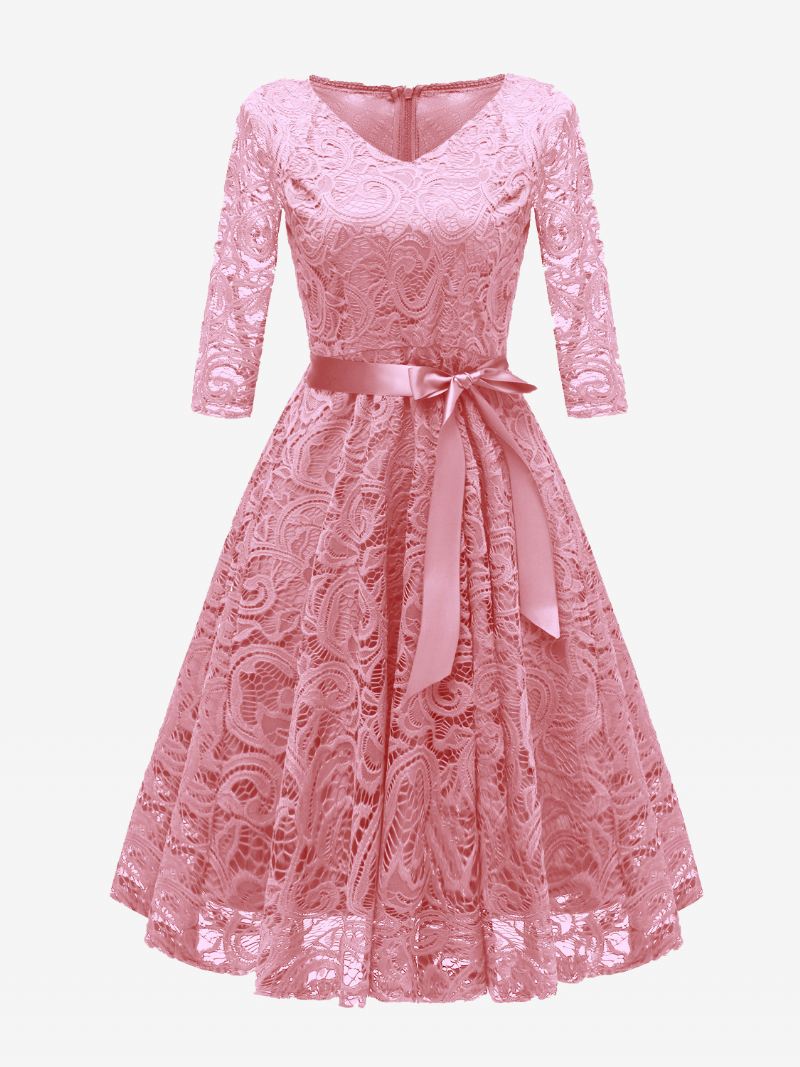 Dames Kanten Vintage Jurk Met V-hals Strikken Effen Kleur Feest Korte - Roze