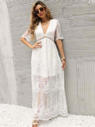 Dames Witte Lange Jurk Kant Sexy V-hals Korte Mouwen Boho Maxi-jurken