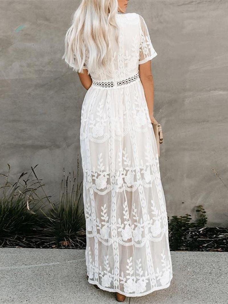 Dames Witte Lange Jurk Kant Sexy V-hals Korte Mouwen Boho Maxi-jurken - Wit