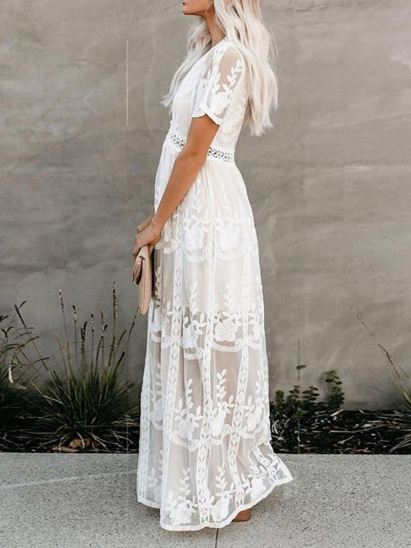 Dames Witte Lange Jurk Kant Sexy V-hals Korte Mouwen Boho Maxi-jurken - Wit