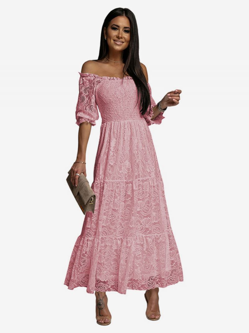 Witte Kanten Damesjurk Kiel Off-shoulder Elegante Boheemse Lange Jurken - Roze