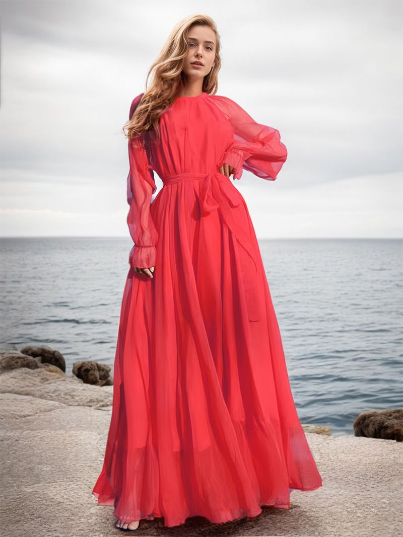 A-lijnjurk Dames Ronde Hals Riem Lange Mouwen Boho Maxi-jurken - Rood