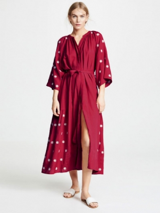 Boho-jurk Bordeaux V-hals 3/4-mouwen Geborduurd Boheemse Zigeunergordel Strandvakantie Lente Zomer Midi-jurk Dames