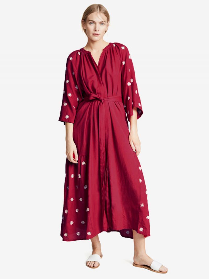 Boho-jurk Bordeaux V-hals 3/4-mouwen Geborduurd Boheemse Zigeunergordel Strandvakantie Lente Zomer Midi-jurk Dames - Bourgondië