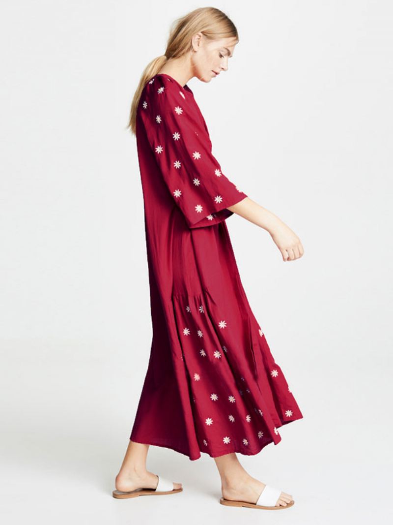 Boho-jurk Bordeaux V-hals 3/4-mouwen Geborduurd Boheemse Zigeunergordel Strandvakantie Lente Zomer Midi-jurk Dames - Bourgondië