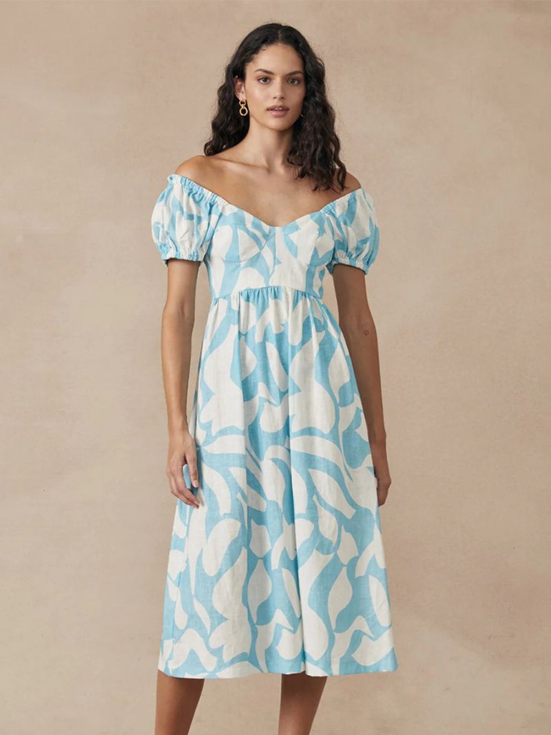 Boho-jurk Dames Bateau-hals Korte Mouwen Bloemenprint Geplooide Zomerjurk - Licht Hemelsblauw