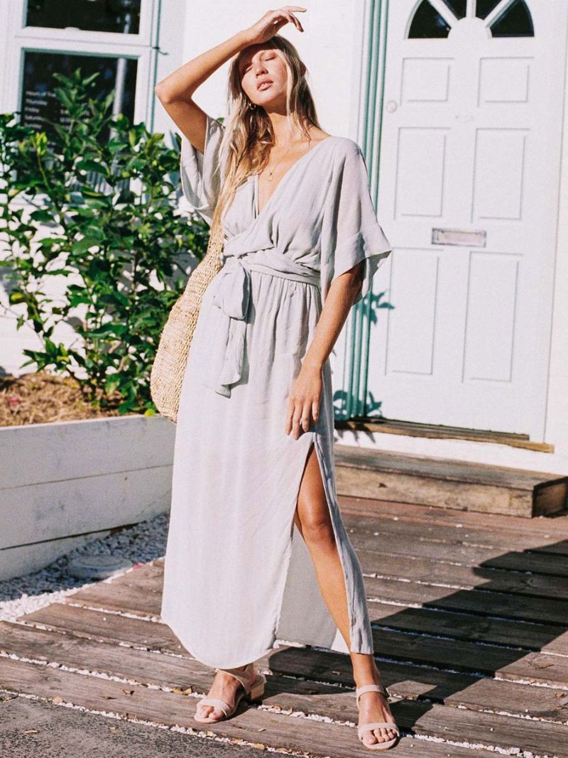 Boho-jurk Dames Duik Halve Mouwen Zomerstrand-maxi-jurken Met Riem - Lichtgrijs